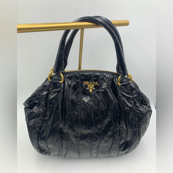 Auth Prada Black Patent Leather Whipstitch Tonal Stripe Satchel Lightweight - Picture 5 of 16